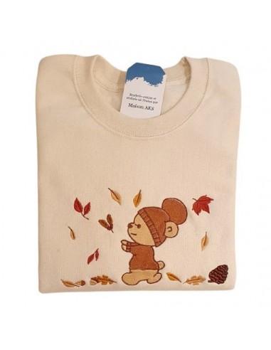 Sweat-Shirt écru - Broderie Ourson en automne en linge